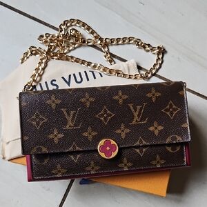Louis Vuitton Monogram Portefeuille Flore Wallet Pink Leather Chain Insert